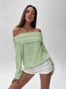 Aloruh Women's Autumn/Winter New Off Shoulder Design Long Sleeve Sweater - Mint Green - View 6