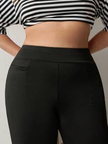 SHEIN EZwear Plus Size Black High Stretch Form-Fitting Yoga Fabric Straight Leg Pants, Spring/Summer