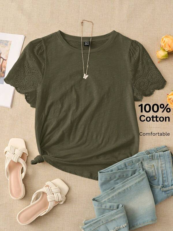 EMERY ROSE Camiseta con bordado con ojal de manga farol