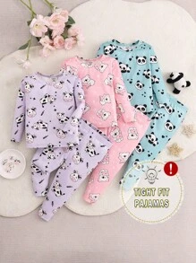 SHEIN 女宝宝舒适贴身可爱动物图案长袖长裤针织舒适休闲亲肤家居睡衣套装六件套 - 彩色 - 查看 1