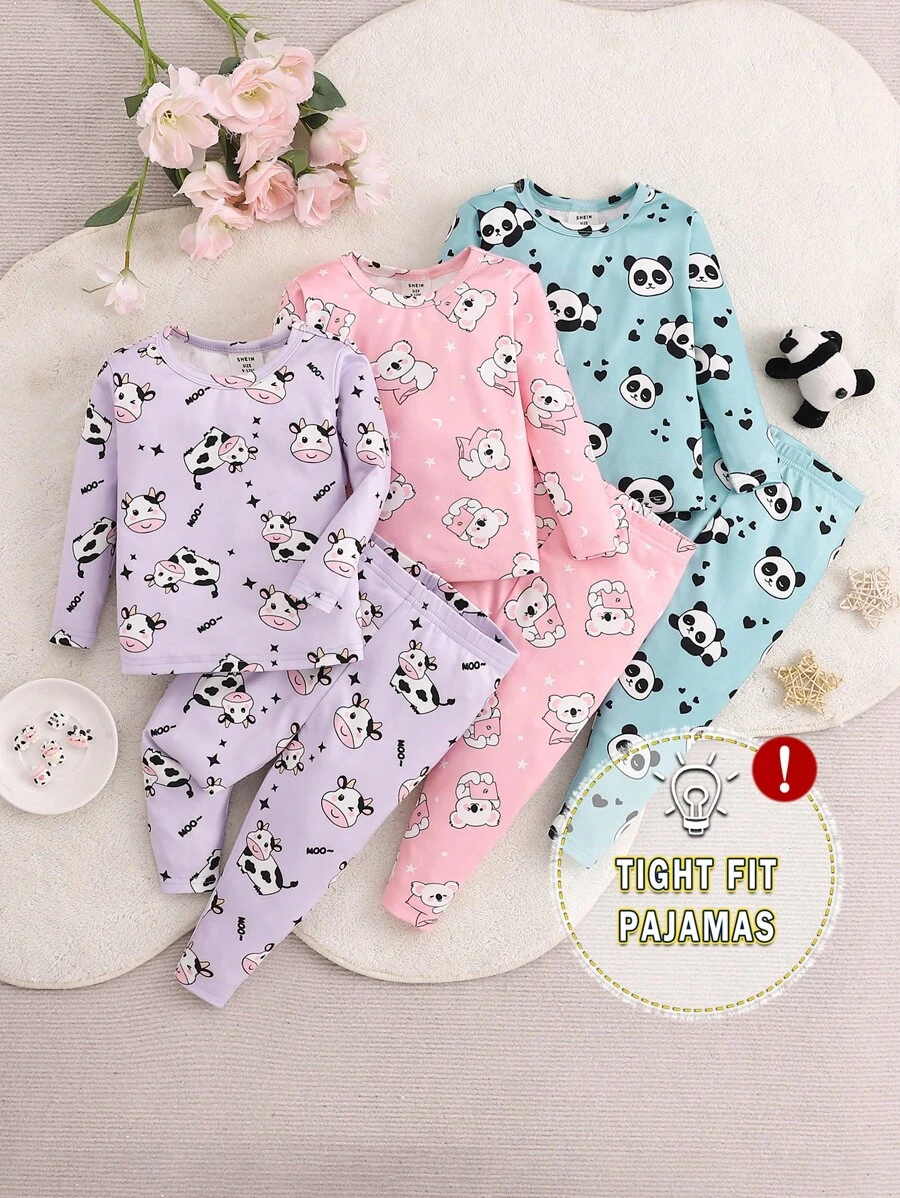 SHEIN 女宝宝舒适贴身可爱动物图案长袖长裤针织舒适休闲亲肤家居睡衣套装六件套 - 彩色 - 查看 1