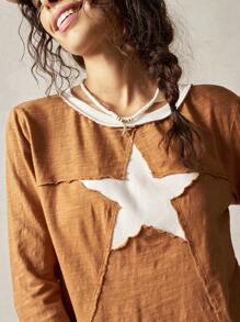 Bohemela 休闲针织圆领五角星图案长袖修身女式 T 恤