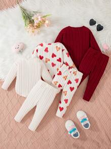 SHEIN Vintaside Kids 3pcs Baby Girl Autumn/Winter Heart Print Sweater, Leggings And Top Set - Multicolor - View 2