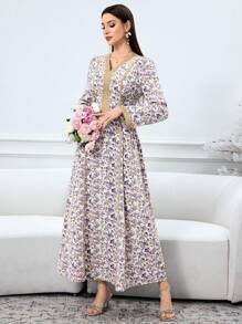 Al Najma 女式花卉印花拼接简约长袖休闲阿拉伯连衣裙，端庄 - 彩色 - 查看 3