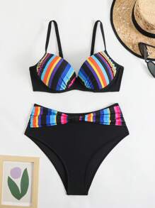 SHEIN Beach Outfits For Women: Modest Hardcup Printed Striped Bikini 2 Pieces Set For Summer Vacation - Multicolor - View 3