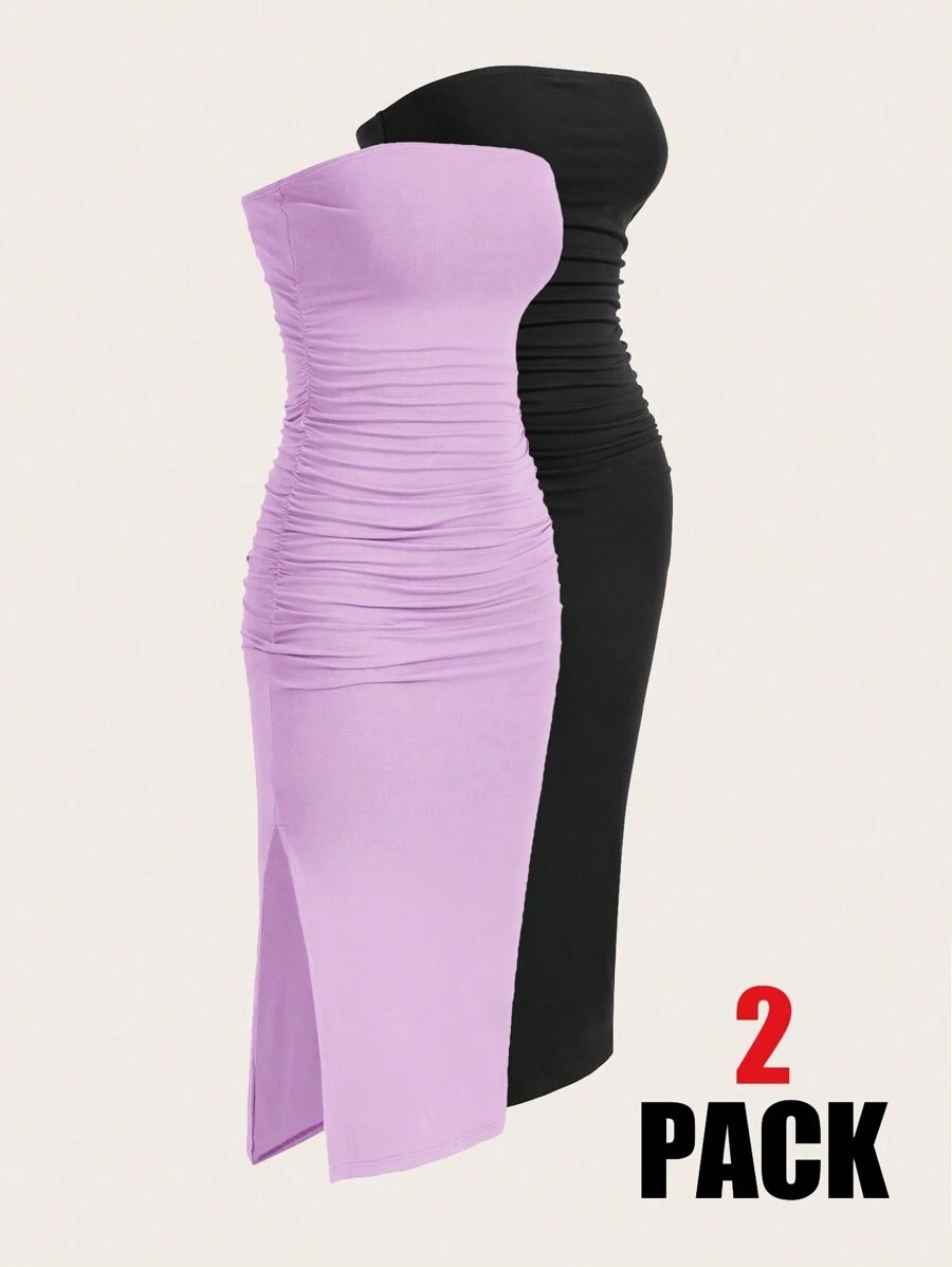 Muchica Two-Piece Set Women's Solid Color Slit Pleated Minimalist Fitted Bodycon Knit Dress - Lilac Purple - View 1