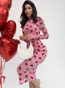 Firerie Vestido midi de manga larga de Body con recogido, de tela elástica con estampado floreado romántico y detalles elegantes, ideal para Navidad, Año Nuevo y Día de San Valentín, para otoño/invierno