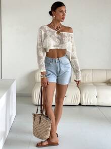 SHEIN Essnce 女士纯色长袖休闲镂空透明衬衫 - 白色 - 查看 5