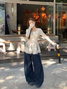 DAZY 女士圆领蕾丝拼接长袖纽扣前开襟简约休闲上衣，日常穿着，秋季女装 - 白色 - 查看 9