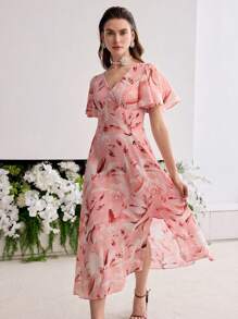 MOTF PREMIUM SILK FLORAL PRINT SHORT SLEEVE SLIT MIDI DRESS - Pink - View 5
