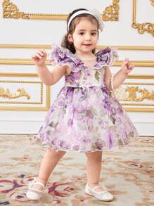SHEIN 女婴花卉印花欧根纱荷叶边夏季连衣裙/派对连衣裙 - 紫色 - 查看 3