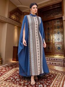 Al Najma Women's Elegant Jacquard Patchwork  Long Turkish Long Dress & Arabic Traditional Long Dress Dress  Arabian Kaftan & Jalabiya - Blue - View 9
