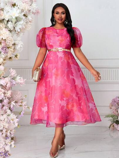 SHEIN Lady Autumn And Winter Elegant Vintage Work Wedding Cocktail Party Colorful Knitted Chiffon Round Neck Bishop Sleeve A Line Dress Plus Size Dresses Prom Dress