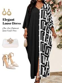 Fleurora Plus Size V-Neck Long Sleeve Solid Color Patchwork Loose Casual Dress Robe - Black and White - View 1