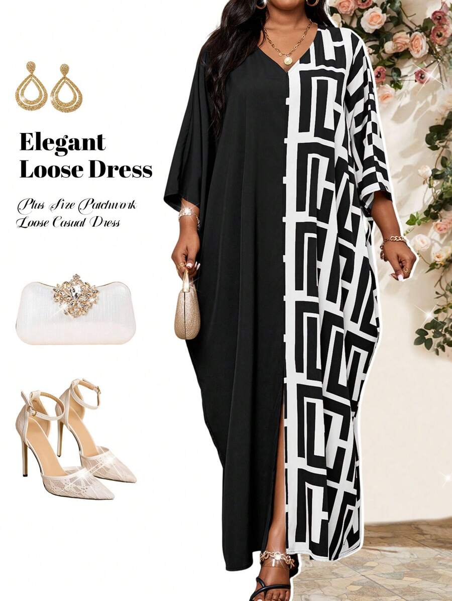 Fleurora Plus Size V-Neck Long Sleeve Solid Color Patchwork Loose Casual Dress Robe - Black and White - View 1
