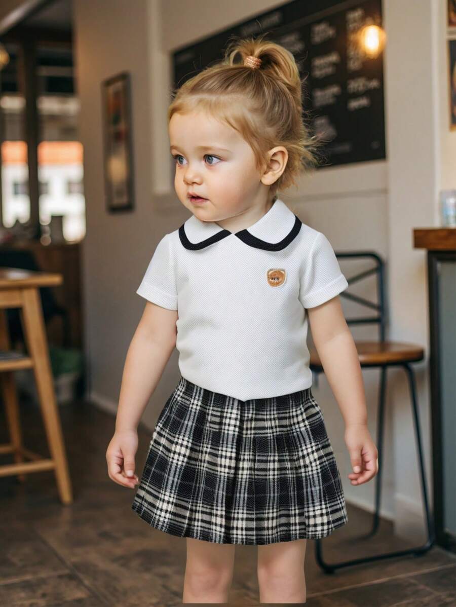 SHEIN 2 件套女婴夏季服装 - 时尚短袖上衣和校园风百褶裙