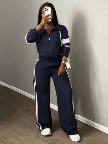 Slaydiva New Casual Sports Street Stand-Up Collar Zipper Long-Sleeved Off-Shoulder Jacket + Straight Wide-Leg Trousers Rose Purple With White And Black Ribbon Women's Two-Piece Set-A - Navy Blue - View 4