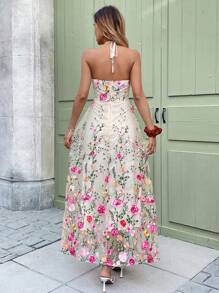 Breezaya Elegant Apricot Backless Tie Waist A-Line Floral Embroidered Dress - Apricot - View 3