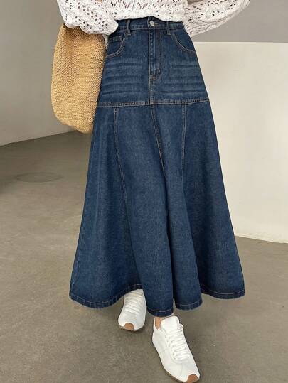 DAZY Chân váy denim nữ kiểu dáng thường ngày có túi, dáng chữ A, thích hợp cho mùa tựu trường.