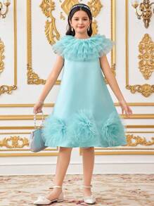 SHEIN Leap Crew 青少年女孩宽松优雅经典多层网眼立领 3D 花卉连衣裙套装 - 藍色 - 查看 7