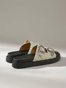 Solecia Sandalias de diapositiva retro con suela gruesa, de tejido versátil y de moda para el verano, de punta abierta para mujeres - Beis - Ver 4