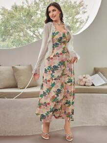 Modelyn Set de 2 piezas: Top de manga larga con volantes de unicolor y vestido de tirantes con estampado floral para mujeres