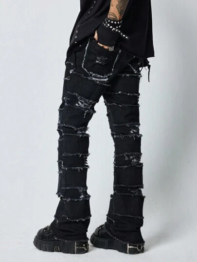 ROMWE MEN Grunge Punk Jeans simples con bolsillo y borde crudo para hombres, para uso casual diario