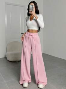 SHEIN Tall CURVE Quần dài ống rộng thời trang rộng rãi thoải mái có dây rút cho nữ cỡ lớn - Hồng - Xem 6