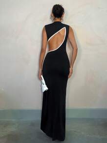 SHEIN BAE Black Sleeveless Asymmetric Hollow Out Contrast Color Block Elegant Dress, Suitable For Graduation Party, Formal Occasion, Romantic Date, Wedding Guest, Valentine's Day,Backless Dress - Black and White - View 1