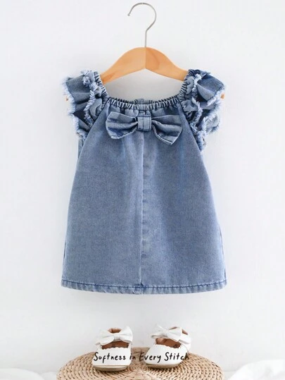 Cozy Pixies Vestido de mezclilla sin mangas con cuello cuadrado y volantes para bebé niña