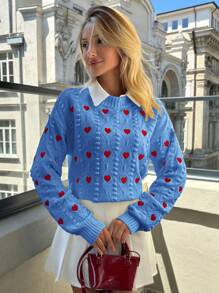 EURMUSE Women Heart Embroidery Textured Knit Round Neck Sweater - Blue - View 7