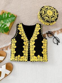 2pcs Baby Boy's Vintage Graphic Allover Hand-Embroidered Vest Top + Hat Set, Infant Baby Boys Clothes,Kid Clothes,Toddler Clothes, Baby Outfit, Baby Tops,Baby Boy Shirt,6M-3T