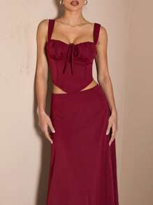SHEIN BAE 2pcs Set Women's Burgundy Summer Elegant Party Outfit:Ruched Strap Back Tie Waist Camisole & Maxi A-Line Skirt,Suitable For Early Spring Vacation - Burgundy - View 5