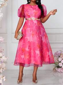 SHEIN Lady Autumn And Winter Elegant Vintage Work Wedding Cocktail Party Colorful Knitted Chiffon Round Neck Bishop Sleeve A Line Dress Plus Size Dresses Prom Dress - Pink - View 3