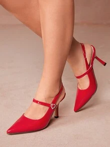 CUCCOO CURVES 女士纯色水钻装饰宽版高跟鞋 - 紅色 - 查看 11