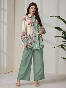 Mulvari 2 件套女士优雅花卉印花长袖上衣和裤子套装 - 彩色 - 查看 4