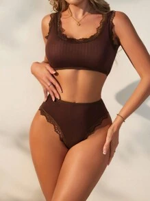 2pcs/Set Women Plain Lace Patchwork Simple Wireless Casual Bra Set - Coffee Brown - View 1