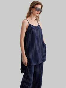 Ontre 2 件套海军蓝条纹吊带背心和阔腿裤，都市休闲风格女士无袖长裤套装，条纹面料搭配，2025 年春夏新品 - 藏蓝色 - 查看 4
