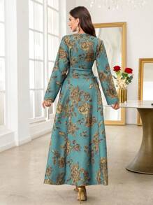 Al Najma 女式花卉印花拼布流苏长袖优雅阿拉伯连衣裙，优雅 A 字形 Jalabiya 阿拉伯连衣裙，适合晚会，端庄 - 藍色 - 查看 2