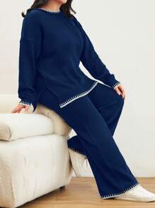 EURMUSE Color Block Edged Long Sleeve Sweater And Knitted Pants Two Piece Set - Navy Blue - View 6