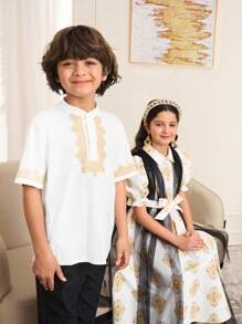 Kids/Tween Boys Casual Academy Versatile Printed Stand Collar Half-Zip Pullover Loose Knit Polo Shirt - White - View 2