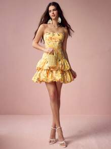 Enchnt 春夏浪漫女士黄色花卉印花紧身胸衣双泡泡下摆露肩可爱迷你连衣裙，甜美性感太阳裙，适合节日派对、度假、甜蜜约会和毕业季，时尚女士夏装，连衣裙优雅