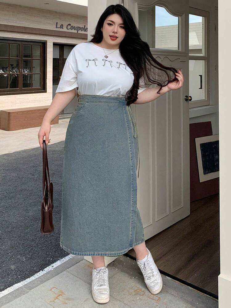 Dazy Plus Plus Size Washed Distressed Straight Tie-Up One-Piece Denim Skirt, All Season Fall/Winter