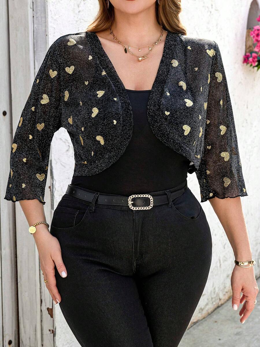 SHEIN Clasi Damen Große Größen elegante Herz-Netz-Mesh-Jacke mit 3/4-Ärmeln - Verschiedenfarbig - Übersicht 1