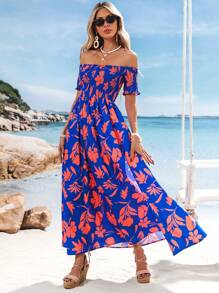 SHEIN VCAY Sukienka z nadrukiem z odkrytymi ramionami i krótkim rękawem dla kobiet, letnia odzież, walentynki, stroje wakacyjne dla kobiet, stroje plażowe dla kobiet, festiwale, romantyczne, boho, boho, słodkie, stroje rave na festiwal, tropikalne ubrania wakacyjne dla kobiet, karnawał, stroje wakacyjne dla kobiet