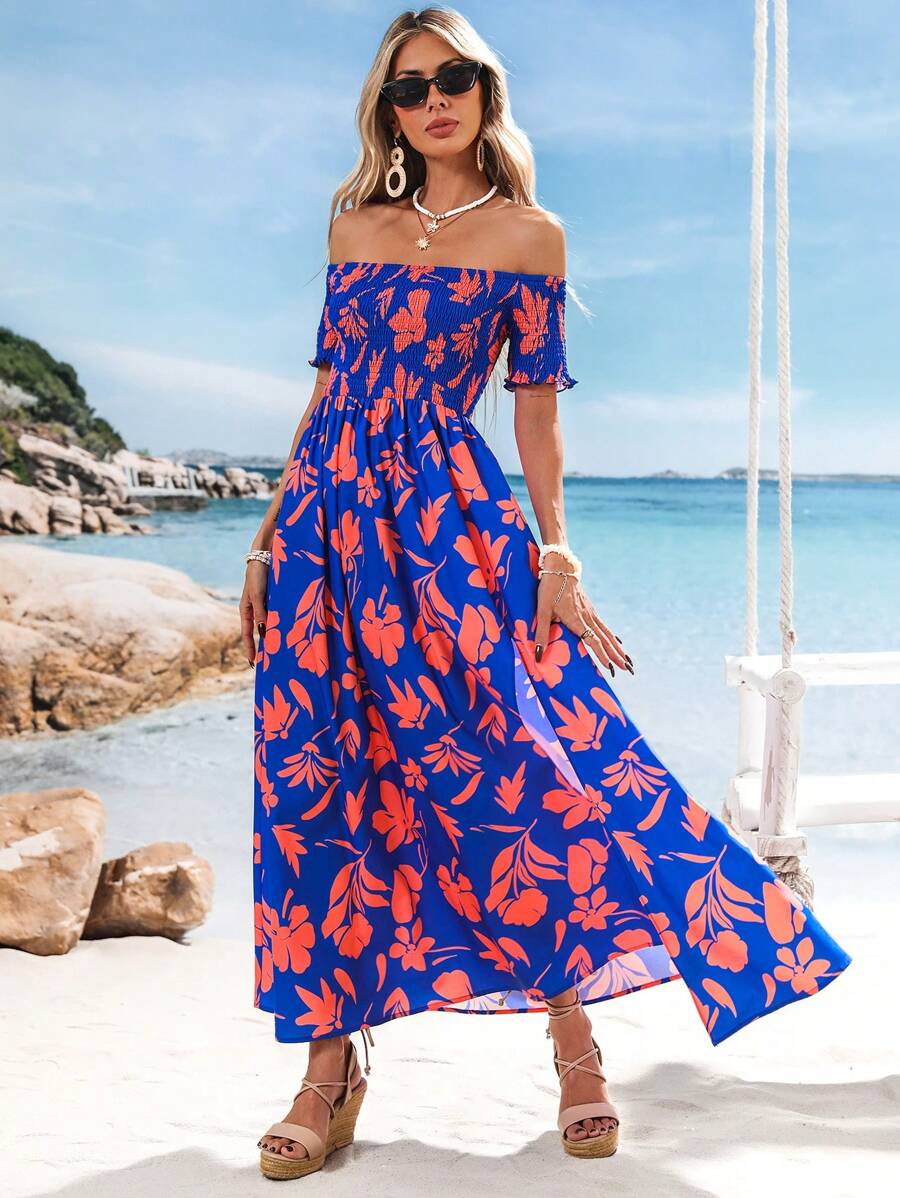 SHEIN VCAY Sukienka z nadrukiem z odkrytymi ramionami i krótkim rękawem dla kobiet, letnia odzież, walentynki, stroje wakacyjne dla kobiet, stroje plażowe dla kobiet, festiwale, romantyczne, boho, boho, słodkie, stroje rave na festiwal, tropikalne ubrania wakacyjne dla kobiet, karnawał, stroje wakacyjne dla kobiet