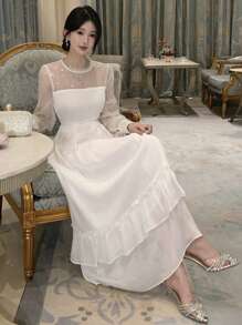 DAZY Damska sukienka na co dzień z długim rękawem, falbanką, z koronkowym kołnierzykiem i stójką, jesienna - Biały - Zobacz 7