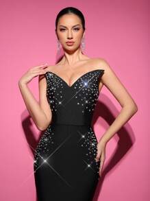 Glamrae Einfaches & elegantes schwarzes, mit Strass verziertes Bandage-Abendkleid, geeignet für Abendpartys, formale Galas