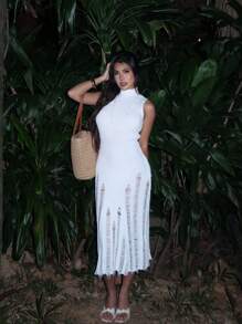 Elenzga 春夏度假镂空性感百搭无袖针织女连衣裙