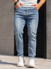 Manfinity Homme Men's Casual Washed Simple Tapered Leg Jeans - Light Wash - View 5